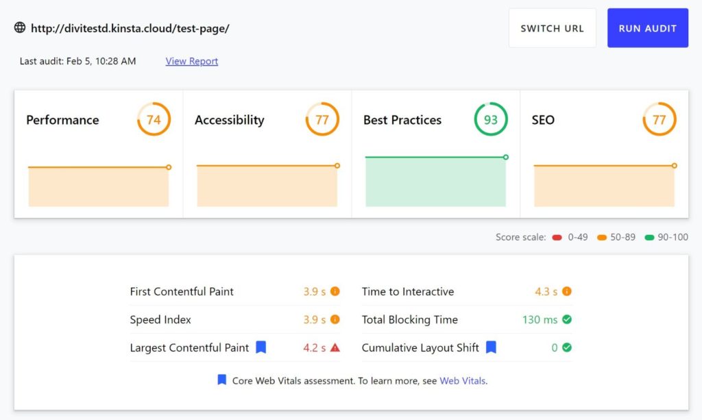 Resultados Divi web.dev sem otimização adicional