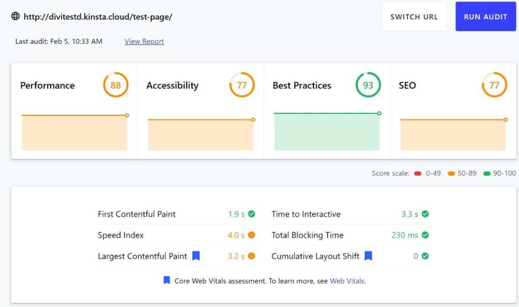 Resultados de Divi web.dev con el plugin Autoptimize