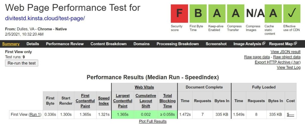 Résultats du WebPageTest de Divi avec l’extension Autoptimize