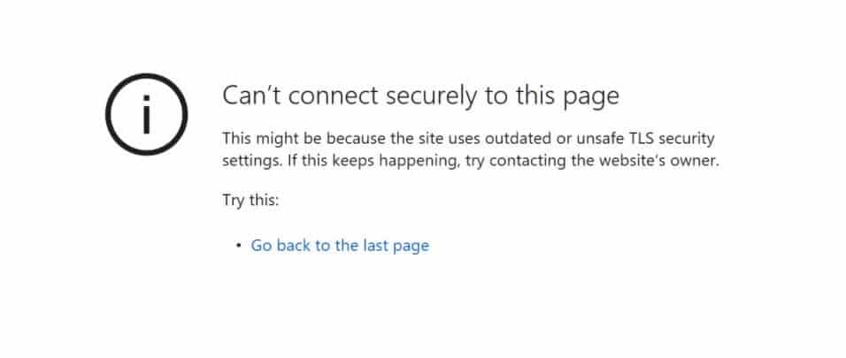 Erro de conexão segura no Microsoft Edge.