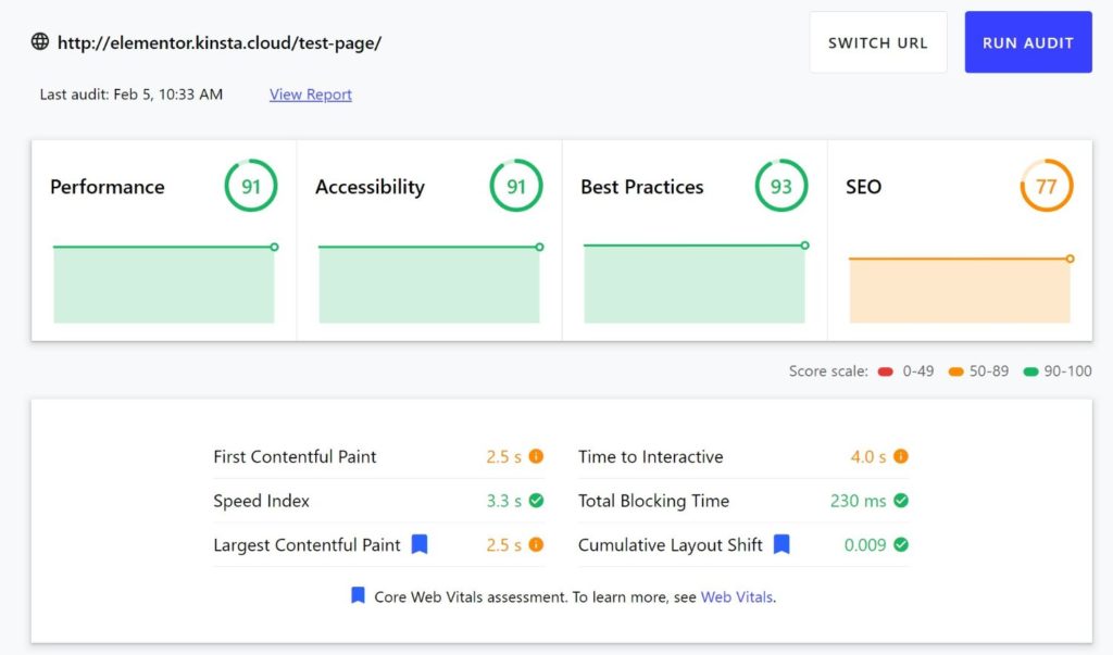 Elementor web.dev Ergebnisse mit Autoptimize Plugin