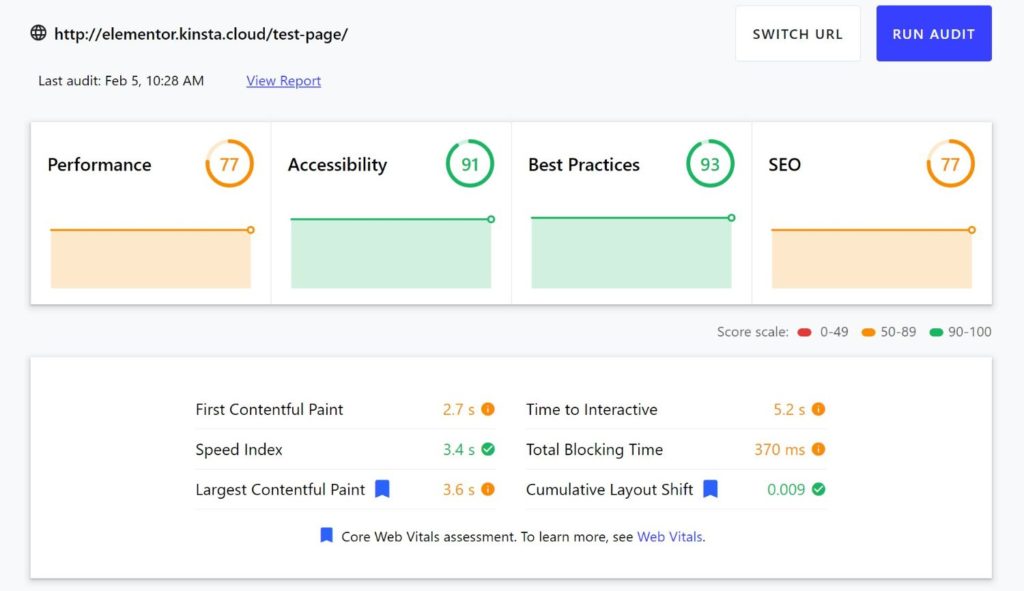 Les résultats d'Elementor web.dev sans optimisation