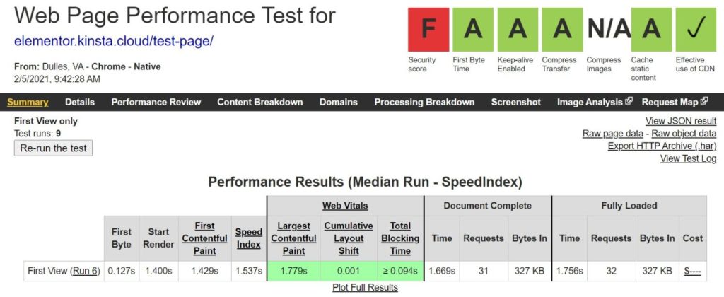 Risultati del WebPageTest di Elementor senza ottimizzazione aggiunta