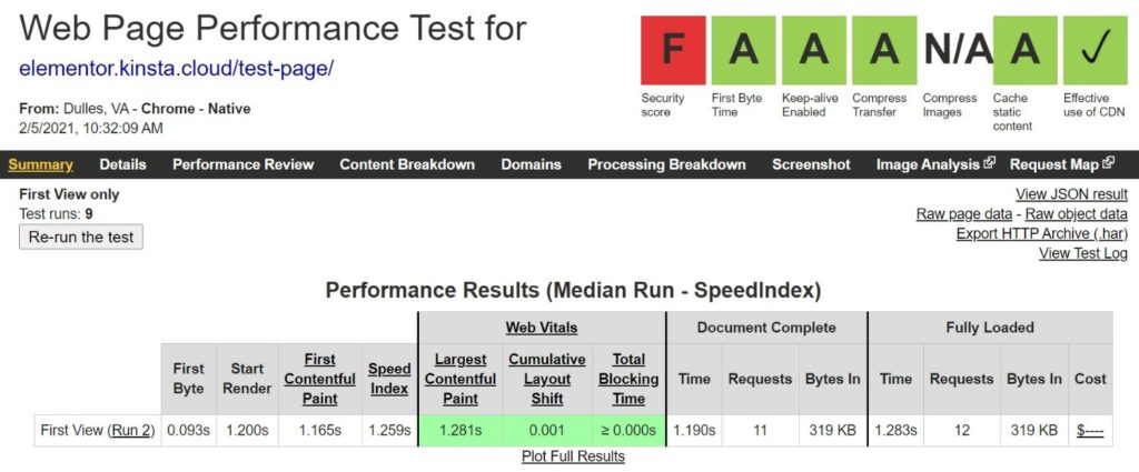 Risultati di Elementor WebPageTest con il plugin Autoptimize