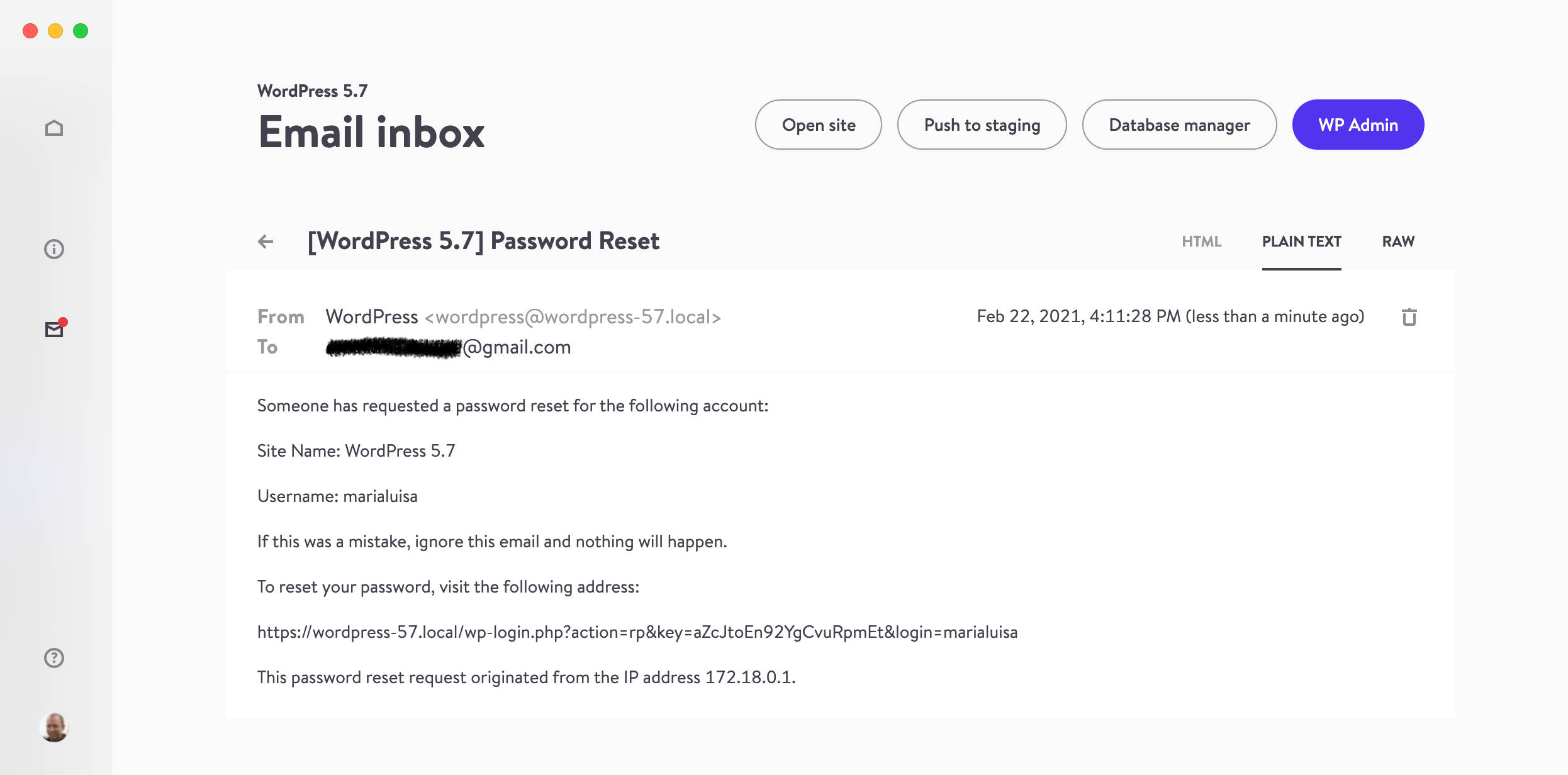 L’e-mail de réinitialisation du mot de passe dans DevKinsta