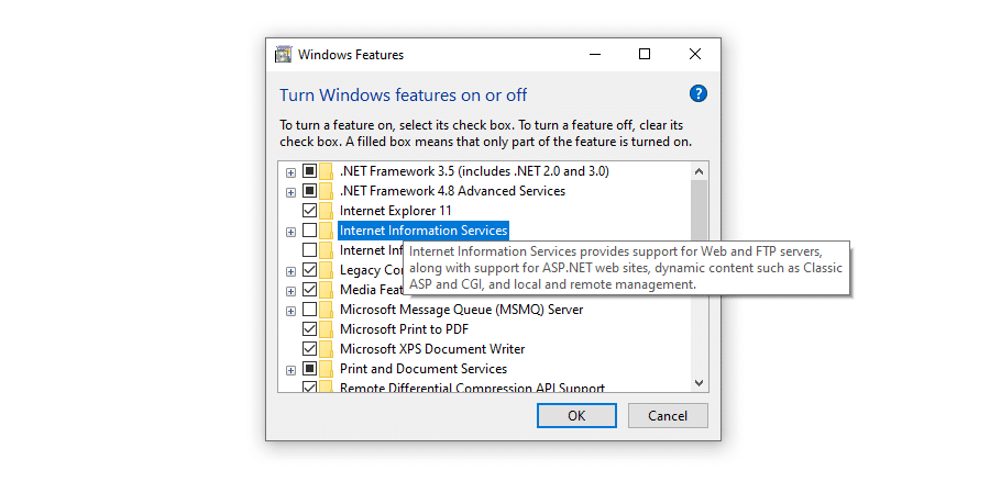 Habilitación de IIS en Windows