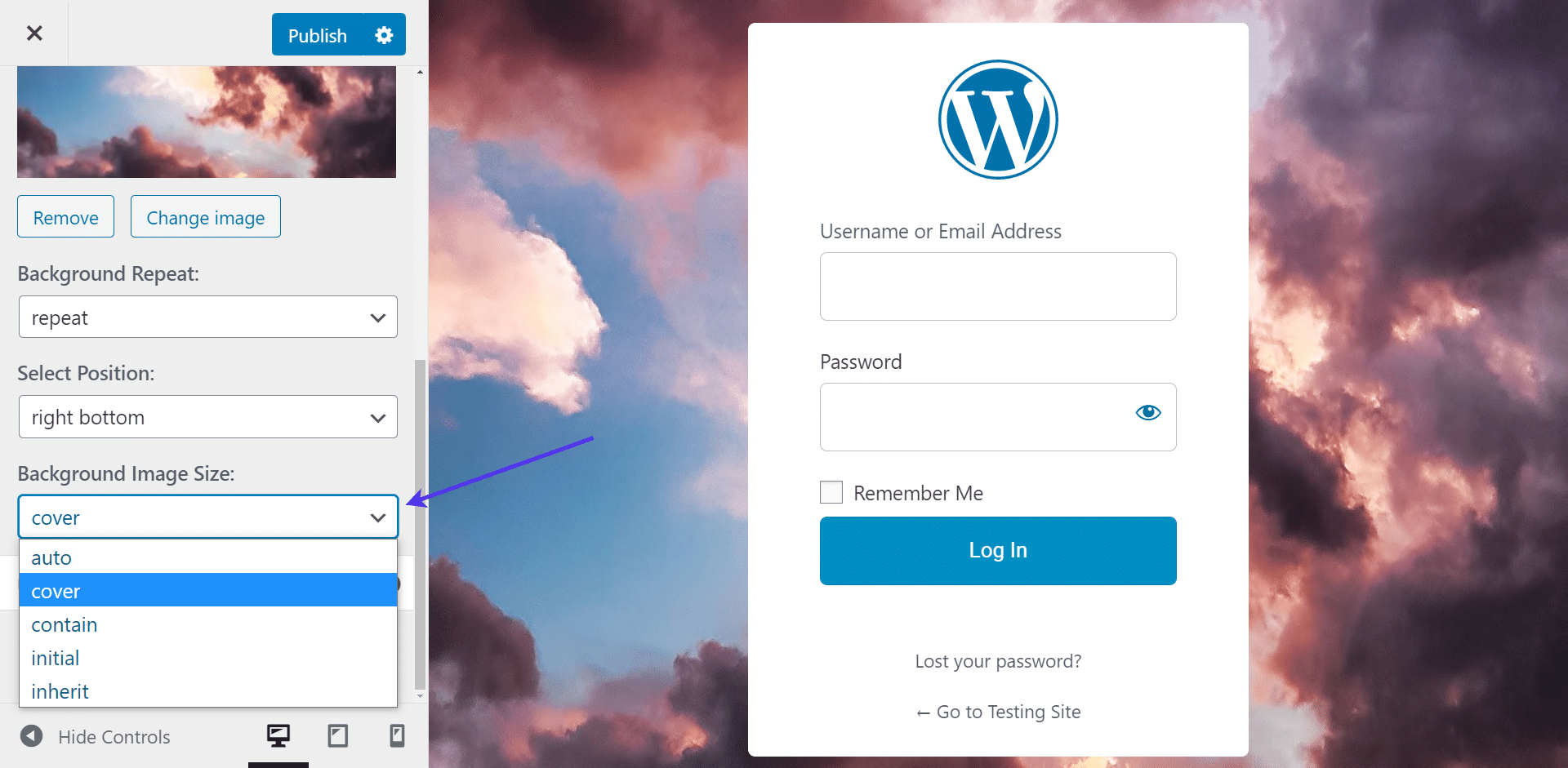 Impostare la dimensione dell'immagine di sfondo di WordPress