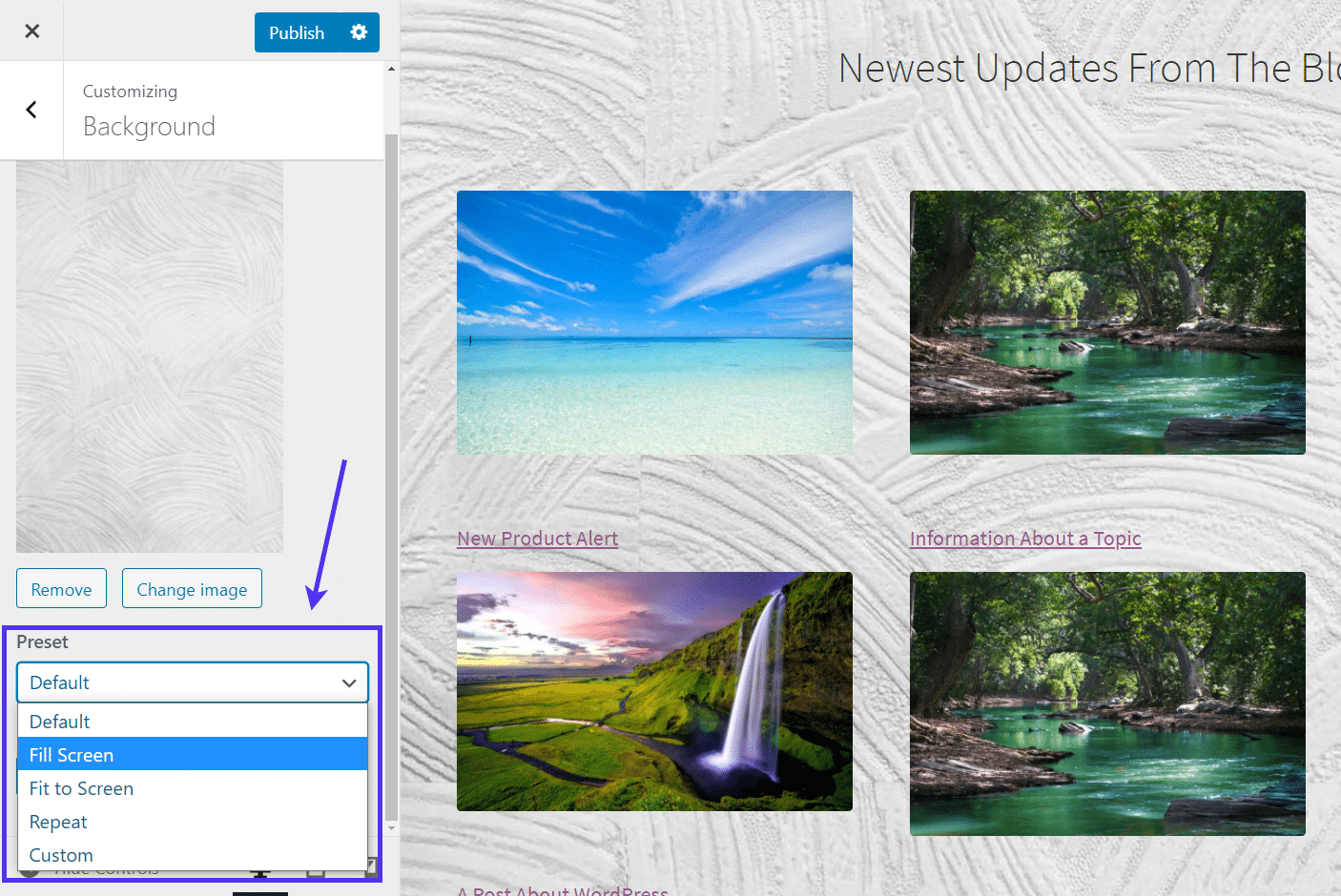 'Fill Screen' Preset für WordPress Hintergrundbilder