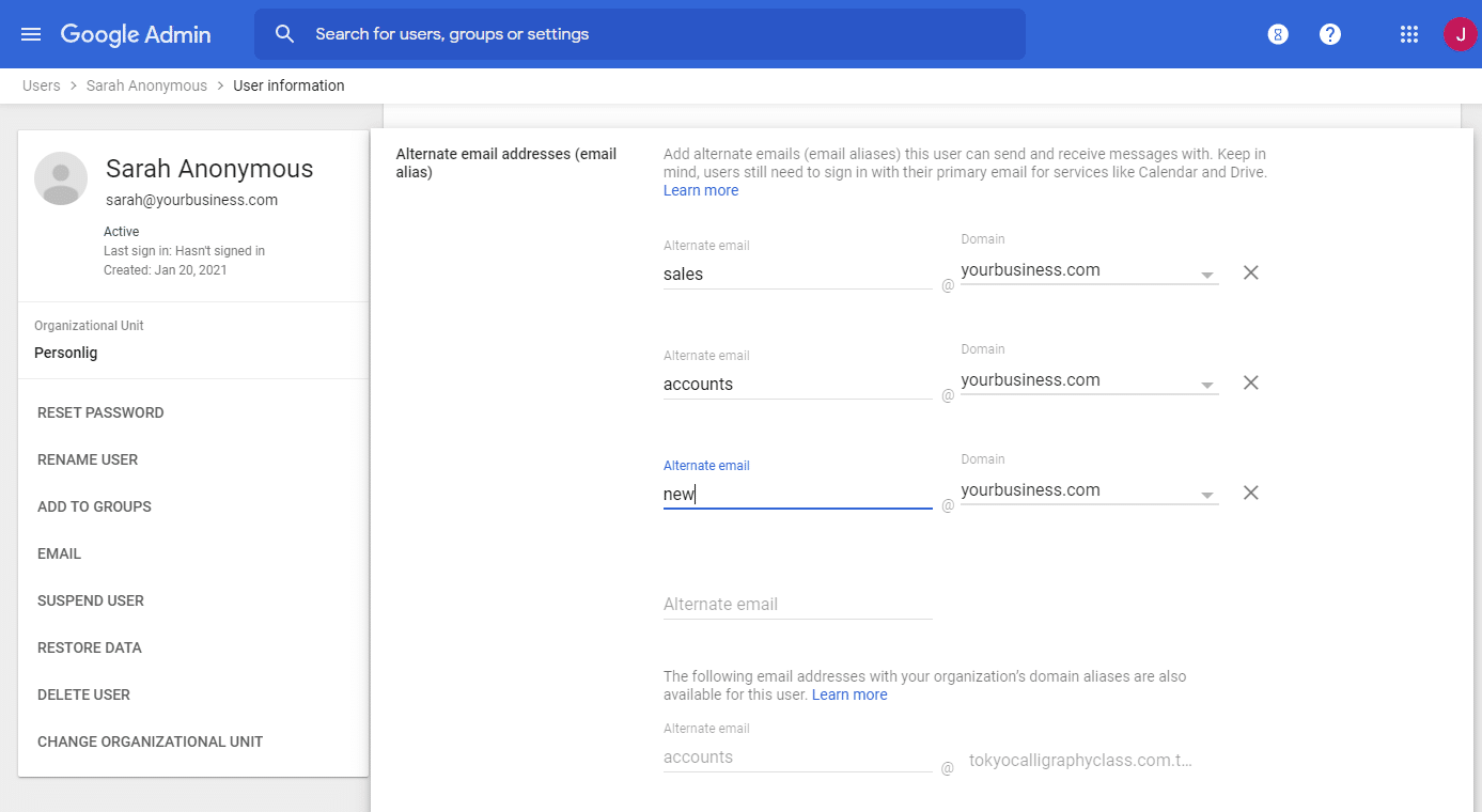 Definição de apelidos de e-mail no Google Workspace