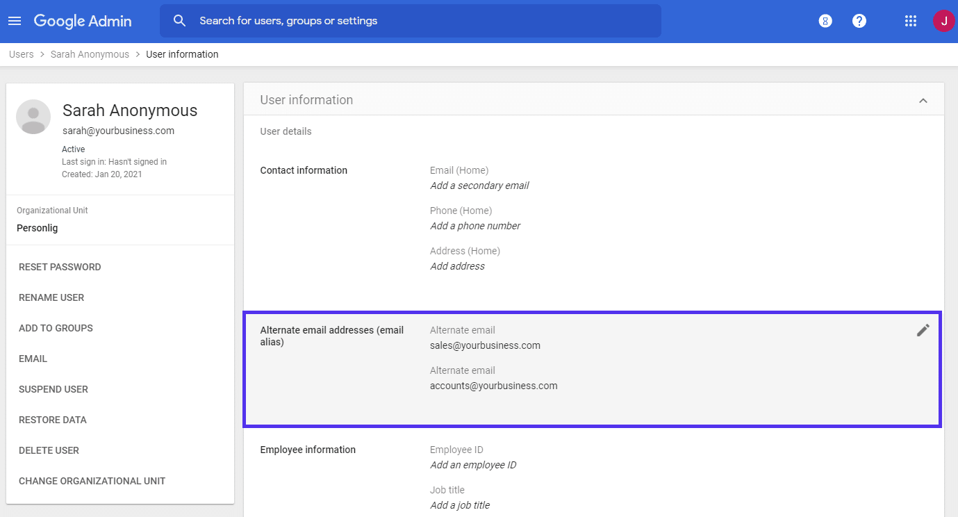 'User information' screen in Google Workspace