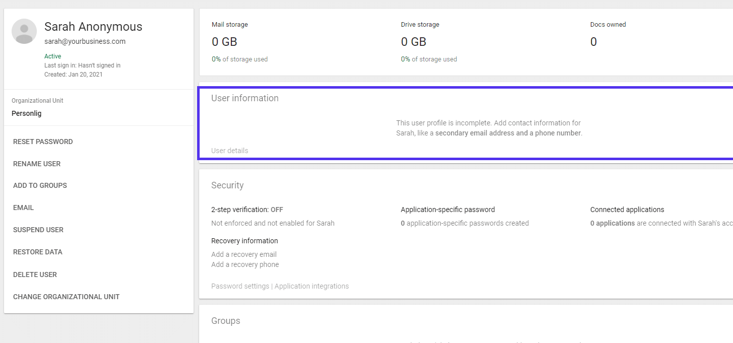 La sección del perfil en Google Workspace