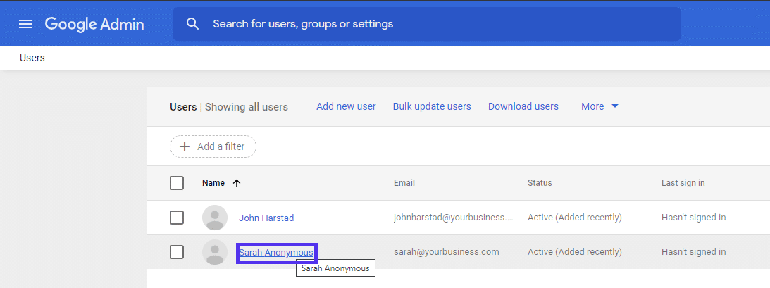 Het scherm "Users" in Google Workspace