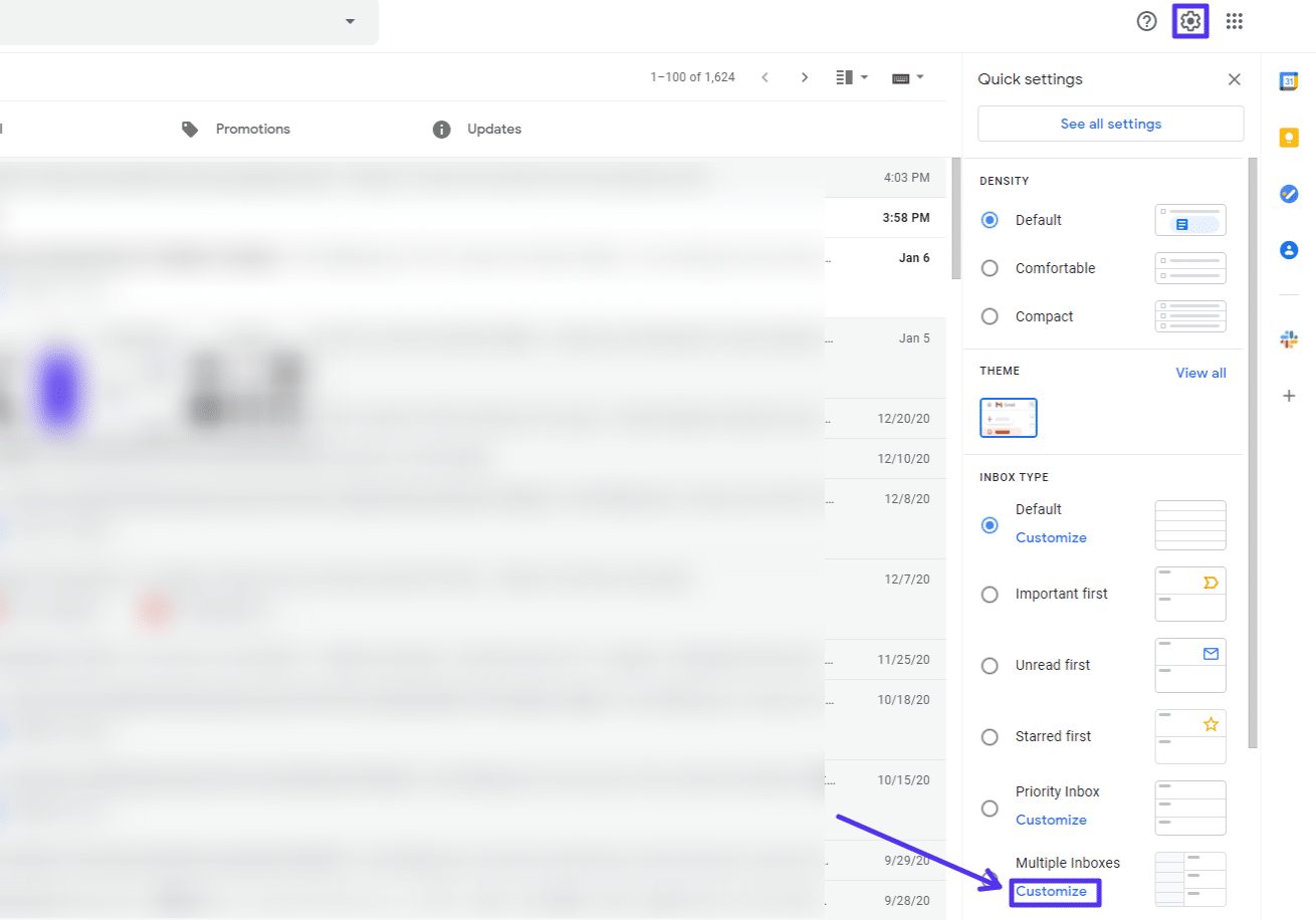 Configurações rápidas do Gmail