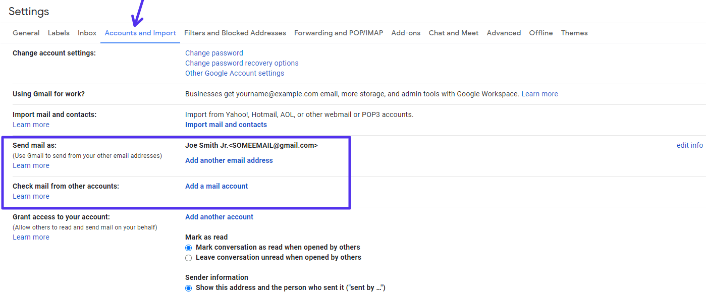 Impostazioni "Account e importazione" di Gmail