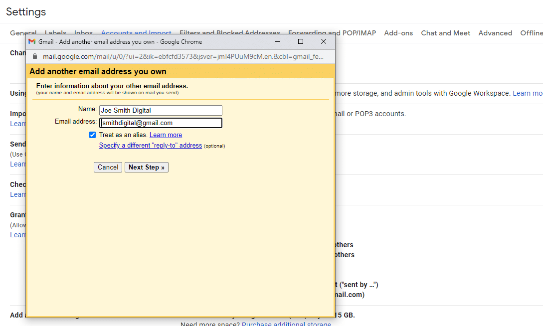 Gmail 'Add another email address you own' setting