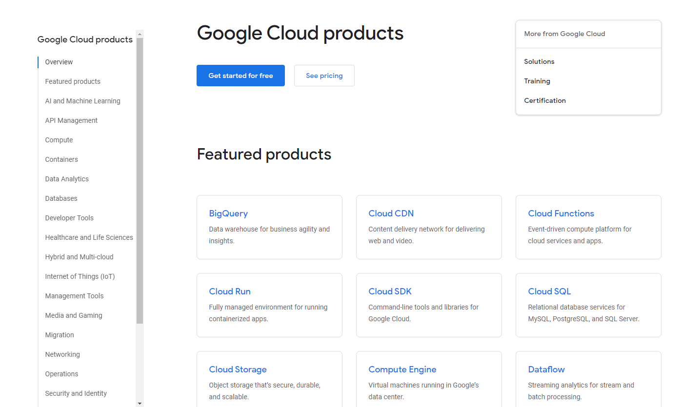 Visão geral dos produtos Google Cloud