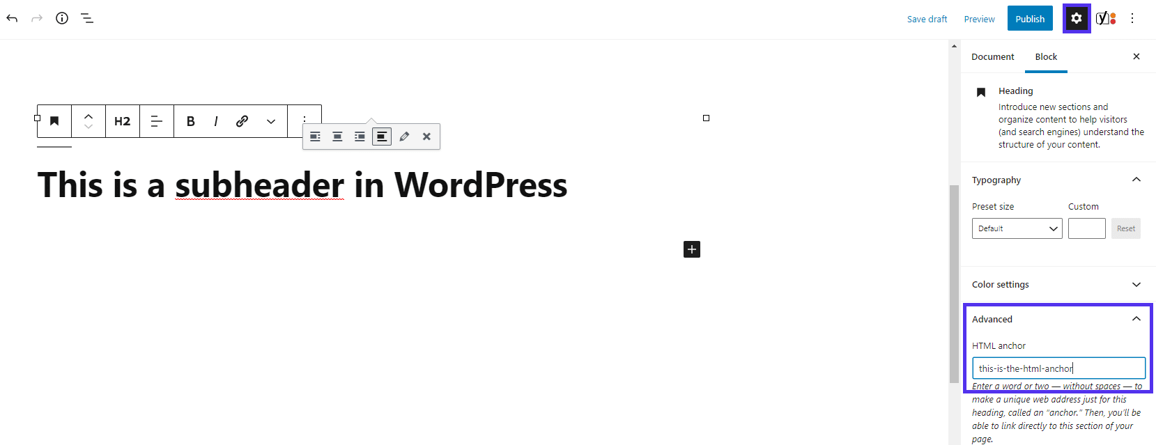 Link de âncora de cabeçalho no WordPress.
