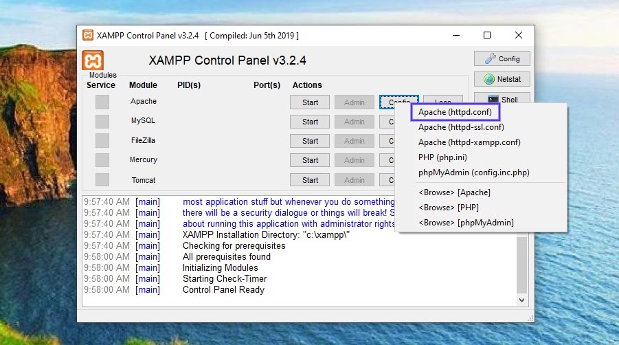 Le fichier Apache (httpd.conf) dans le panneau de contrôle XAMPP.