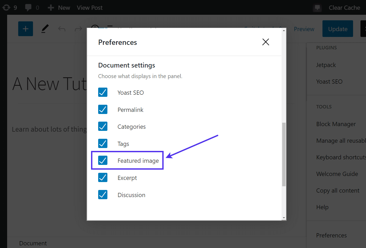 Tick the "Featured Image" checkbox under Preferences