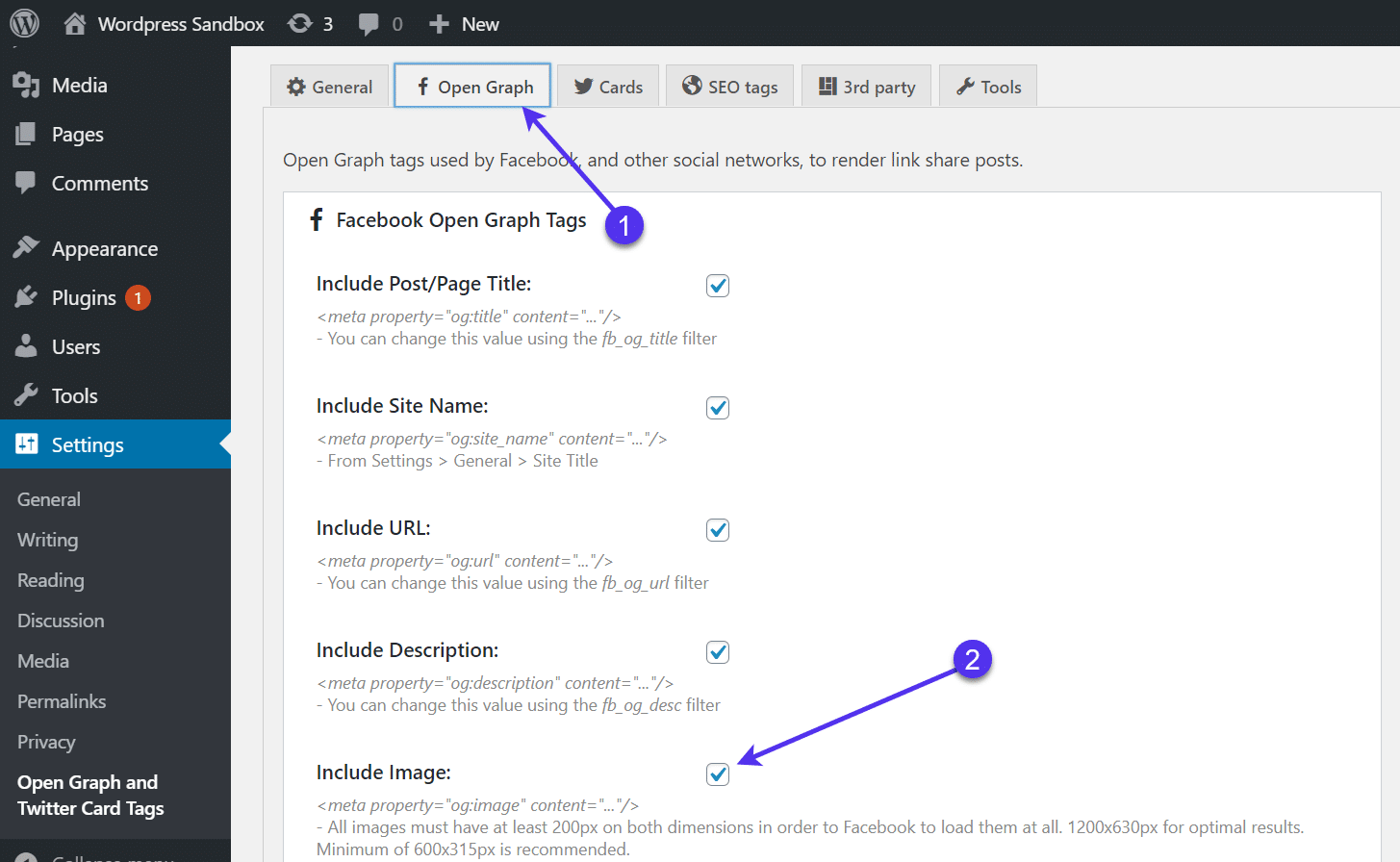 A aba 'Open Graph' settings