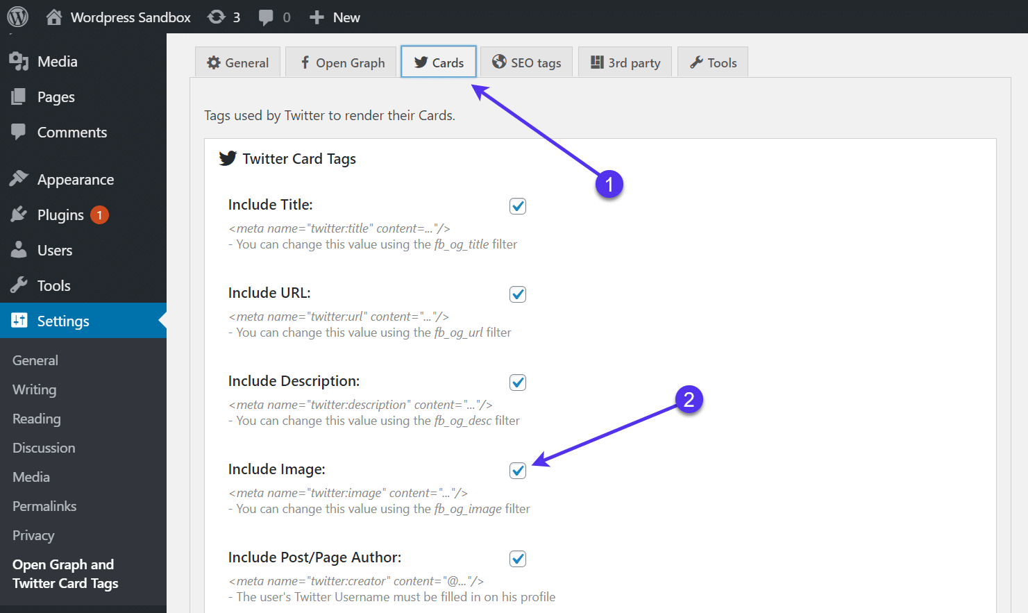 A guia de configurações "Cartões