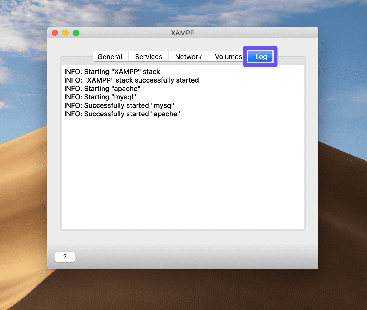 Het Log tabblad van het configuratiescherm van XAMPP in macOS