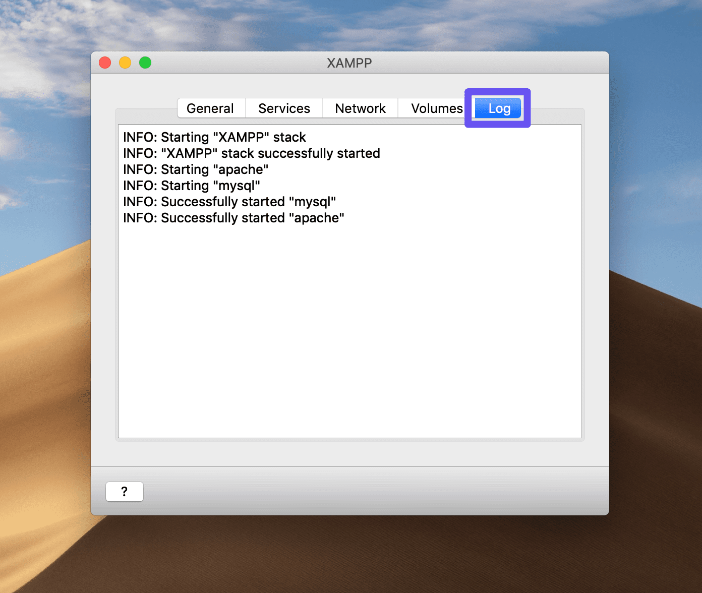 La pestaña Log del panel de control de XAMPP de macOS.