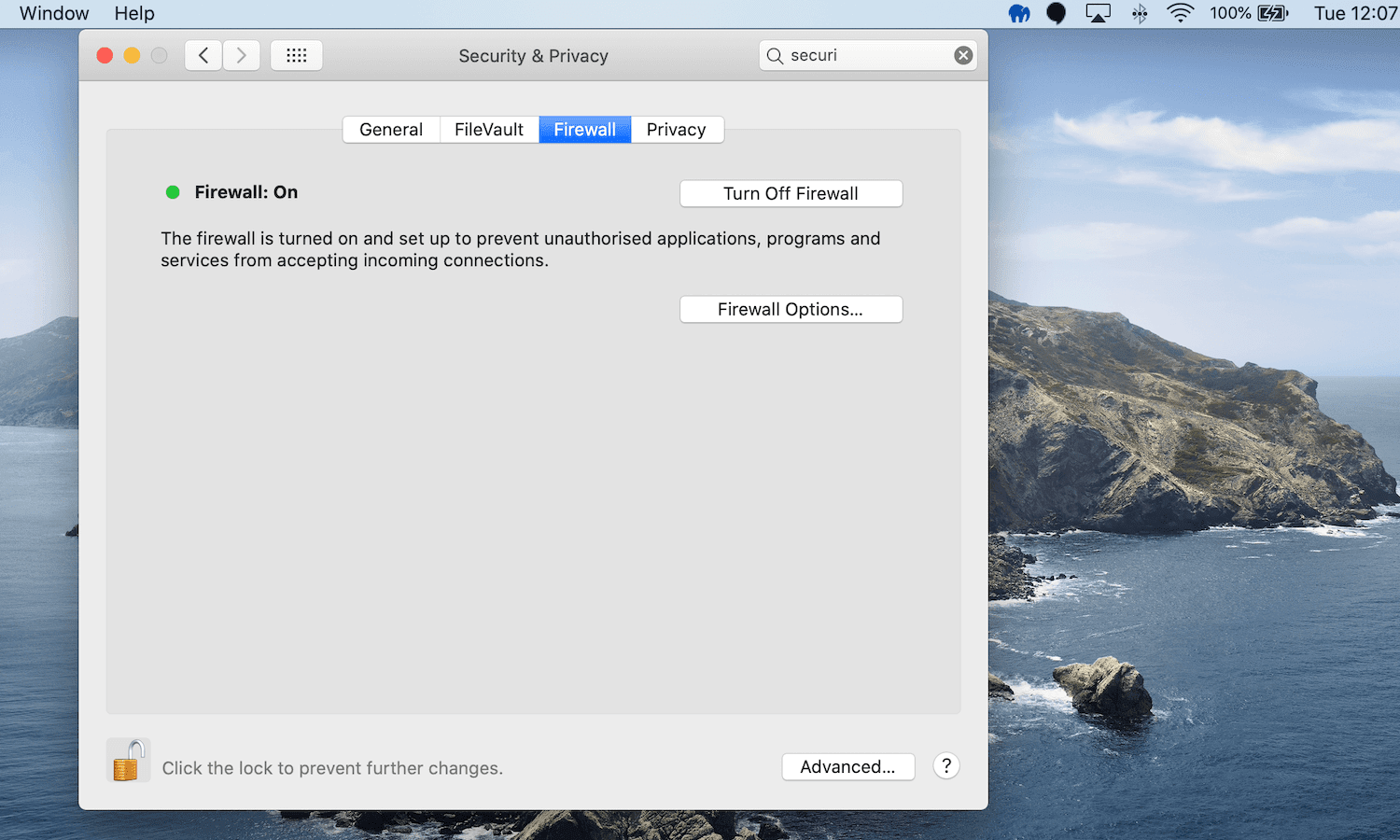 macOS firewall settings.