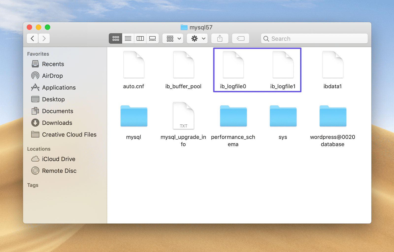 Les fichiers journaux MySQL de MAMP.