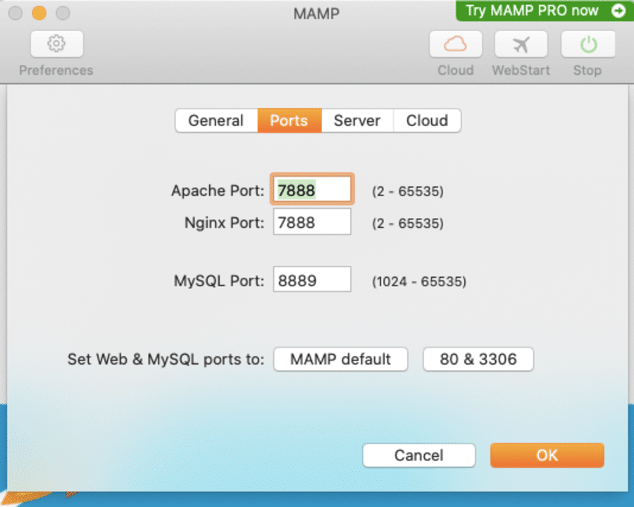 MAMP port settings.