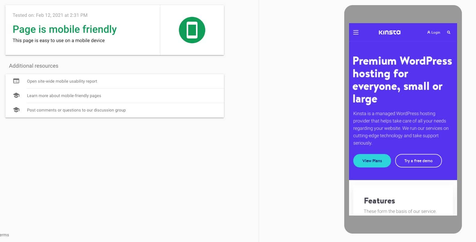 Kinstas webbplats i Googles test av mobilvänlighet
