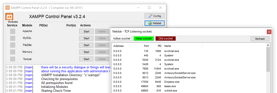 Checking active ports using Netstat.