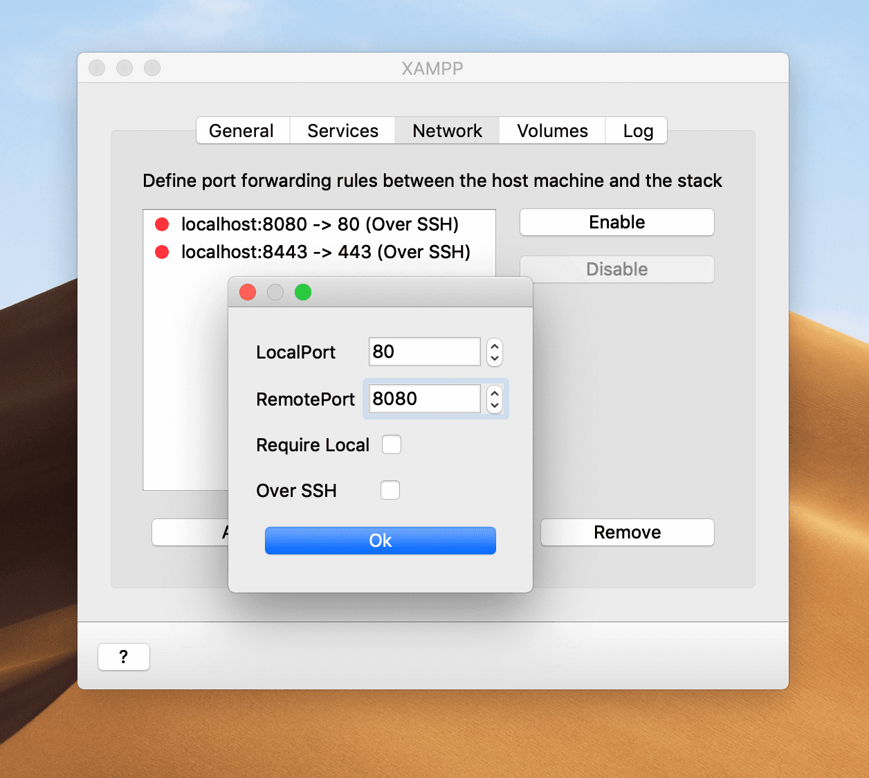 Een nieuwe port forwarding regel voor XAMPP in macOS.