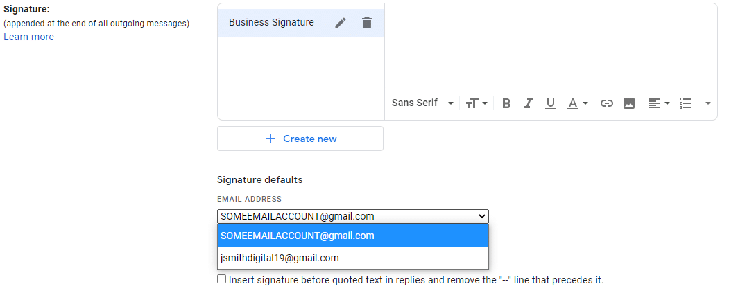 Set the email signature's default email address