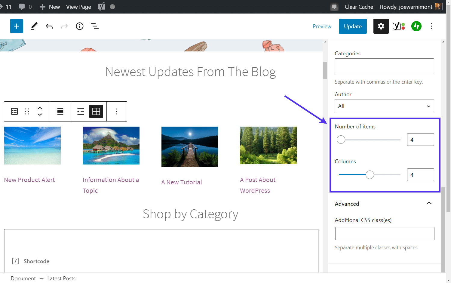 Setting the 'Number of items' and 'Columns'