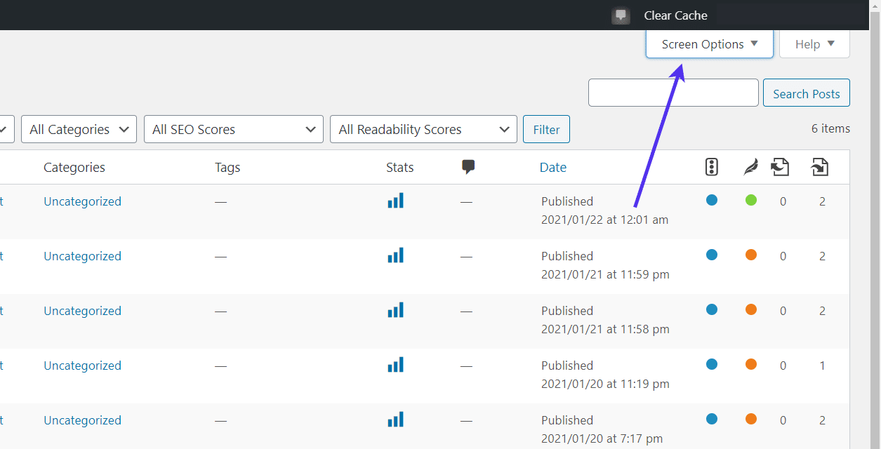 Clique na guia 'Opções de tela' no topo