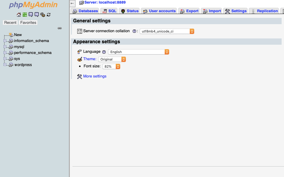 De instellingenpagina van phpMyAdmin.