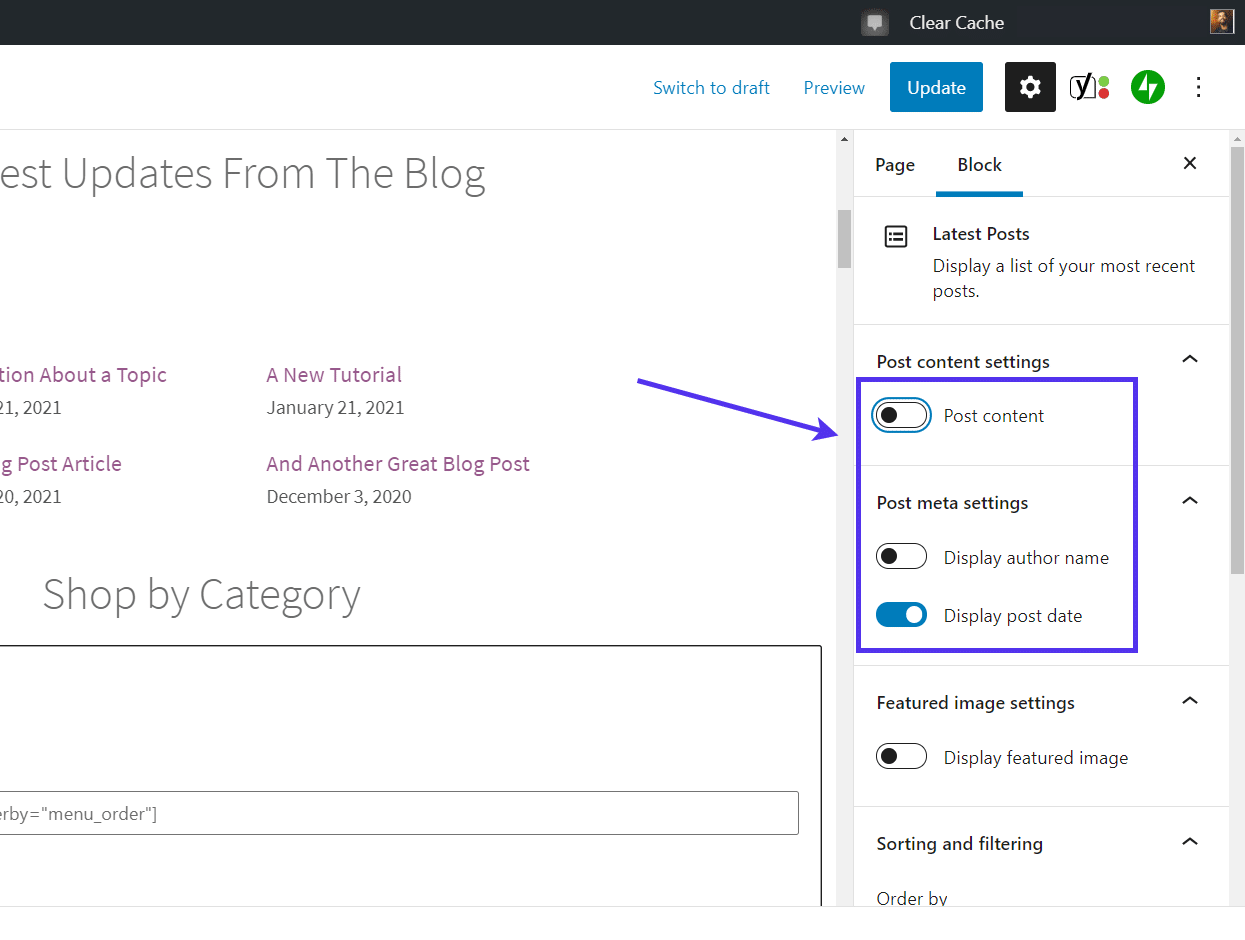 A guia 'Post content settings'