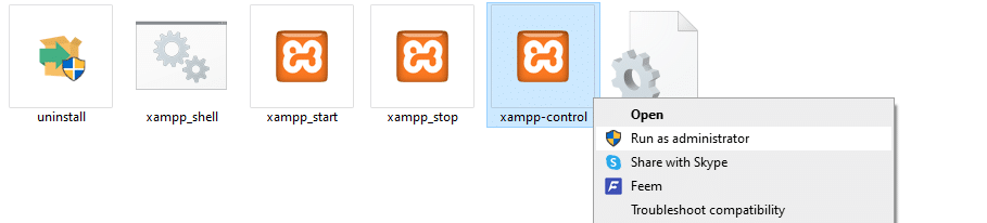 Starten von XAMPP mit administrativen Rechten.