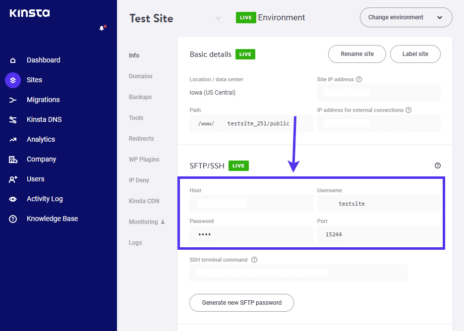 Credenziali SFTP sotto il cruscotto di MyKinsta