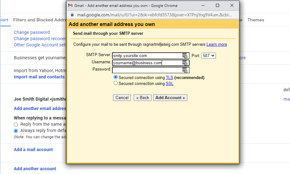 Réglages du serveur SMTP de Gmail