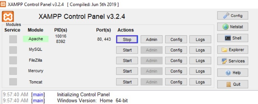 L'opzione per interrompere Apache in XAMPP.