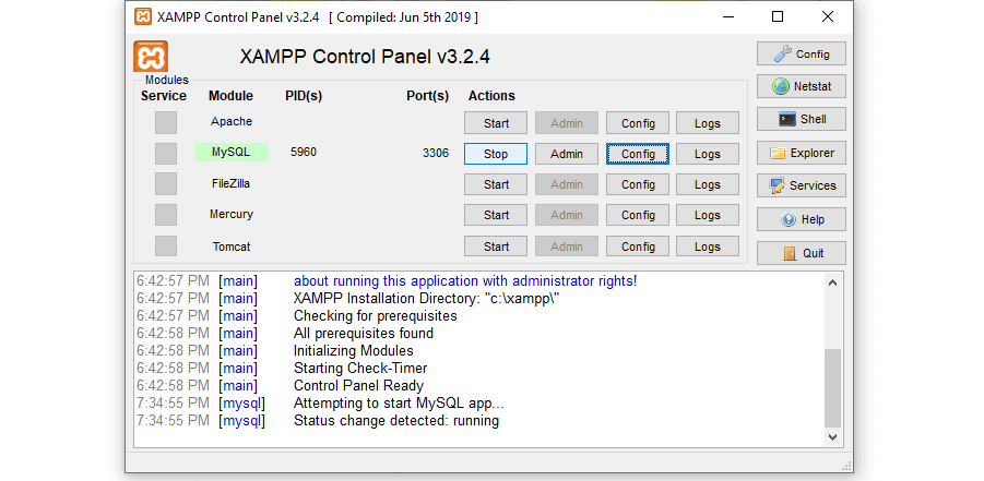 Använda XAMPP-kontrollpanelen.