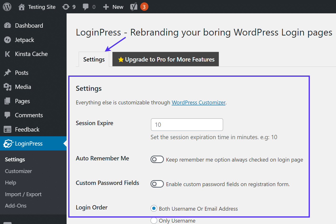 Changing the LoginPress settings