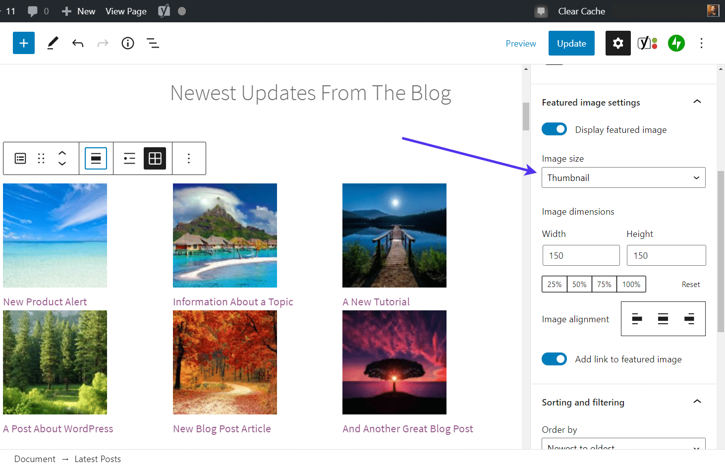 Set the featured image size
