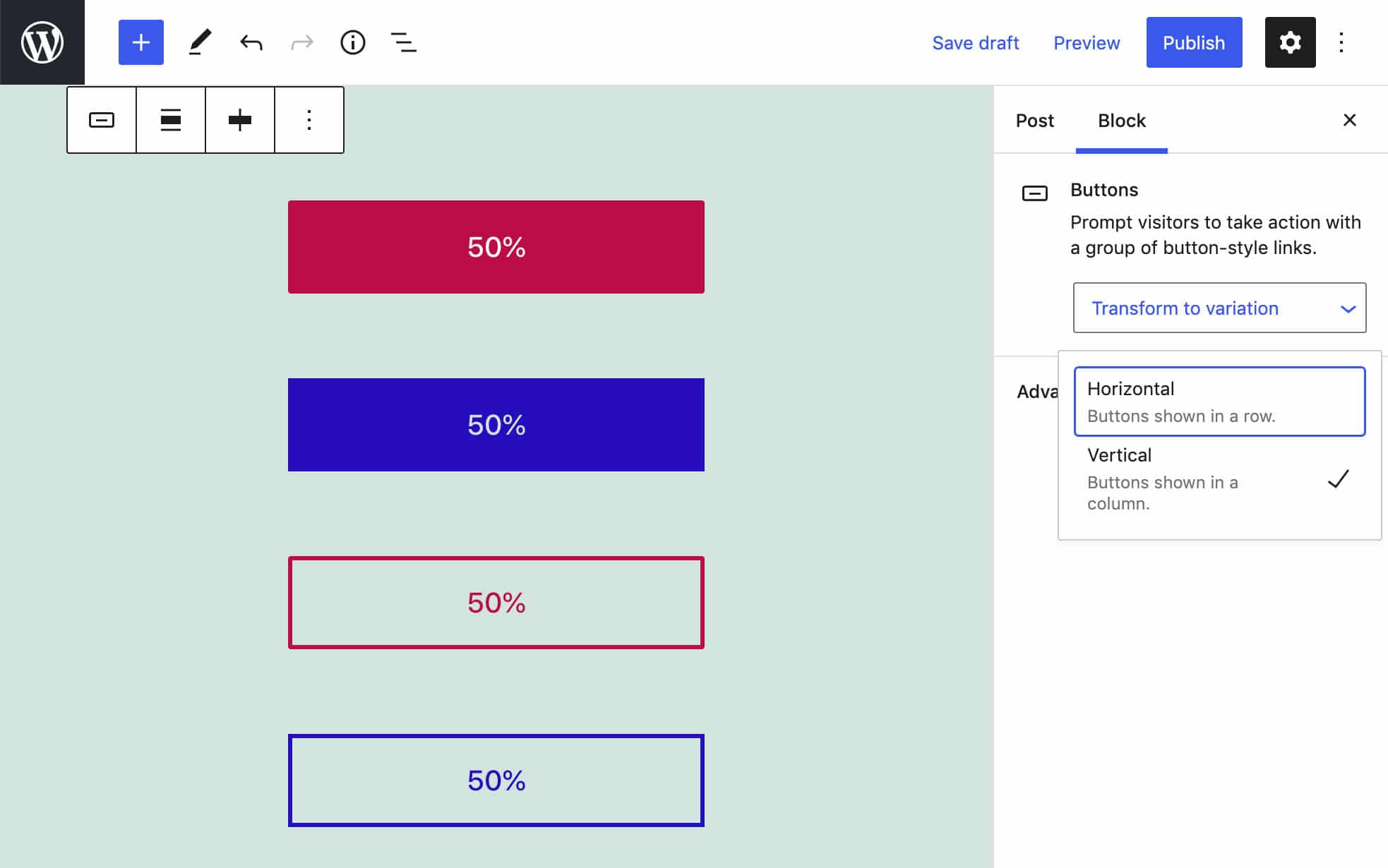 De Transform to variation switcher voor een Buttons blok