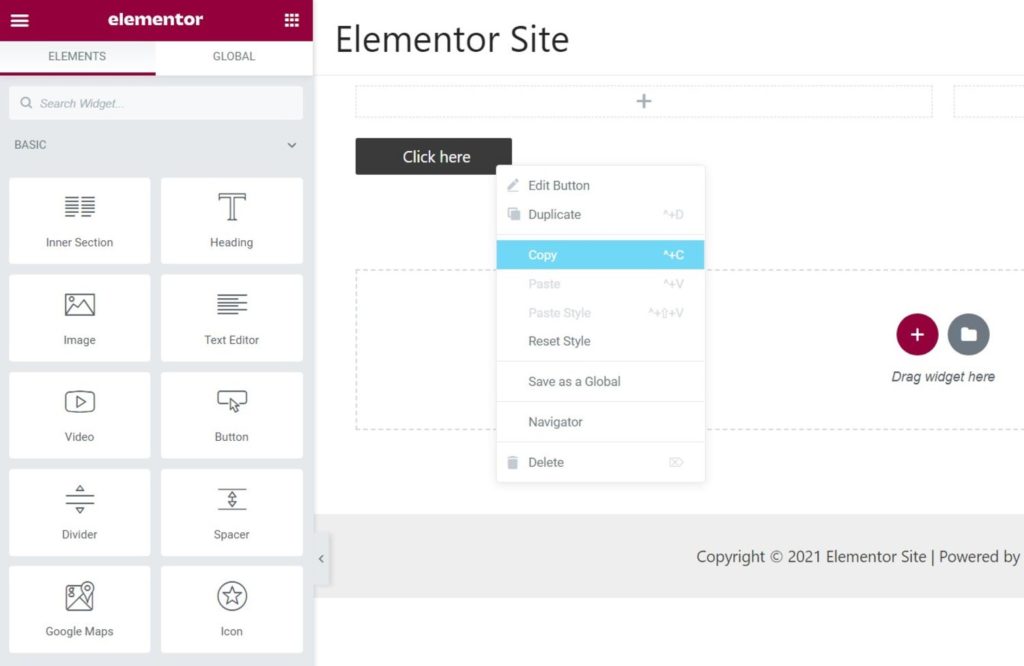 Using right-click in Elementor