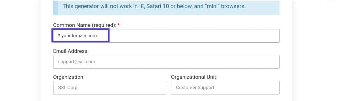 The ‘Common Name’ field of the CSR key generator form.