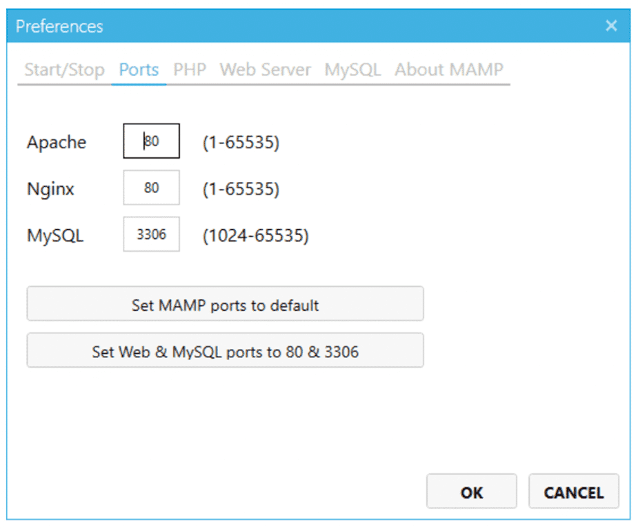 A tela de configuração dos Portos MAMP