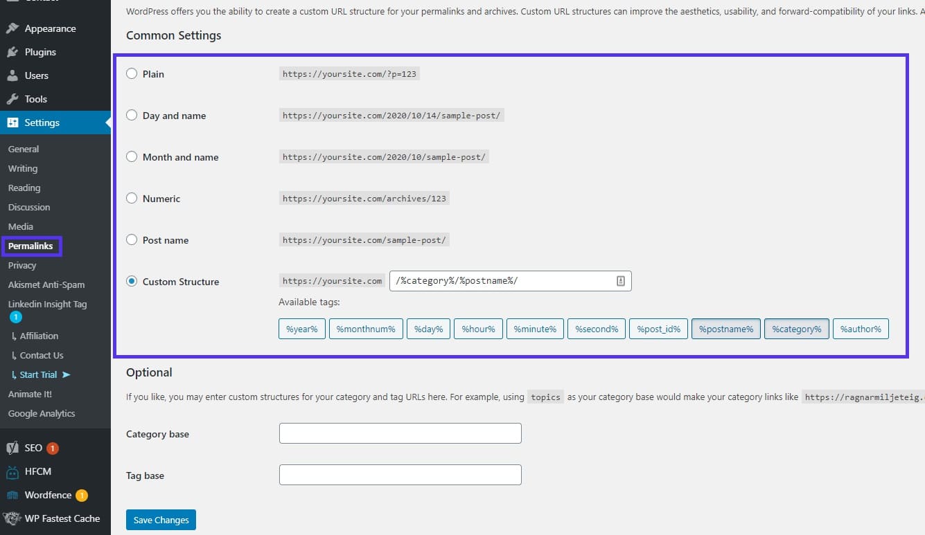 Permalink-Einstellungen in WordPress.